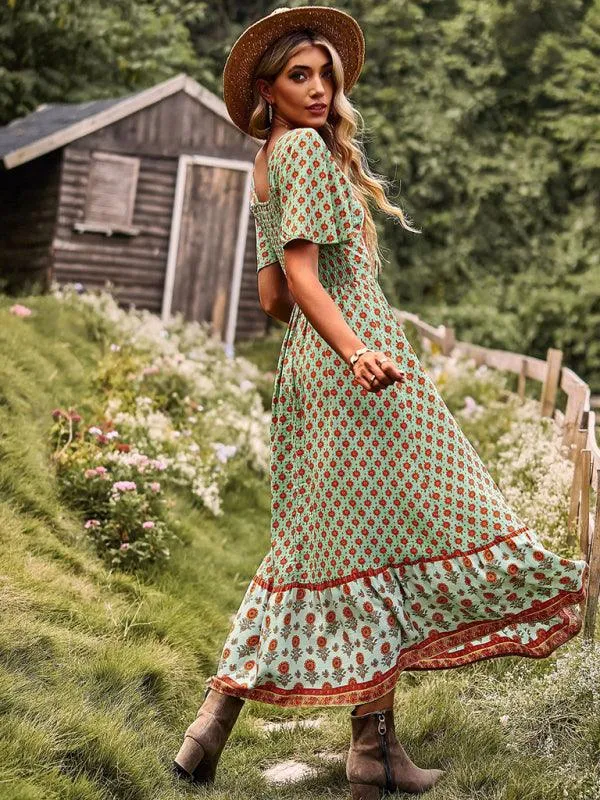 Chic Summer Bohemian Midi Dress with Square Neck