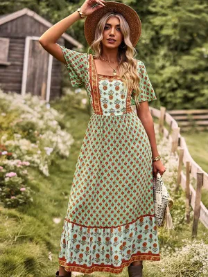 Chic Summer Bohemian Midi Dress with Square Neck