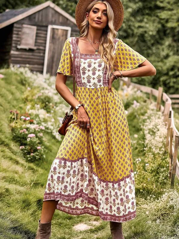 Chic Summer Bohemian Midi Dress with Square Neck