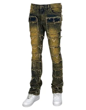 Dark Tint Stacked Jeans Men's Denim Pants Frayed Stack Fit with Pockets