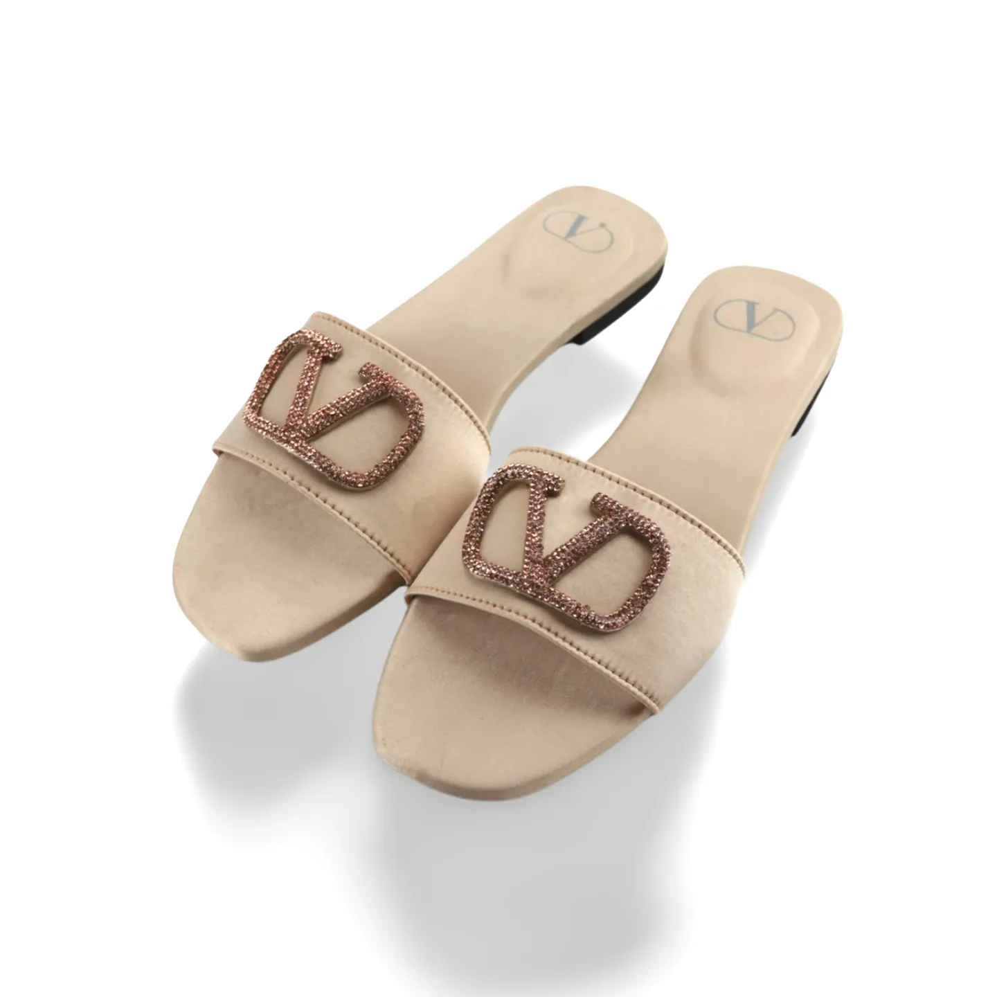 Elegant Satin Slides with V Logo Crystal Embellishment -1012