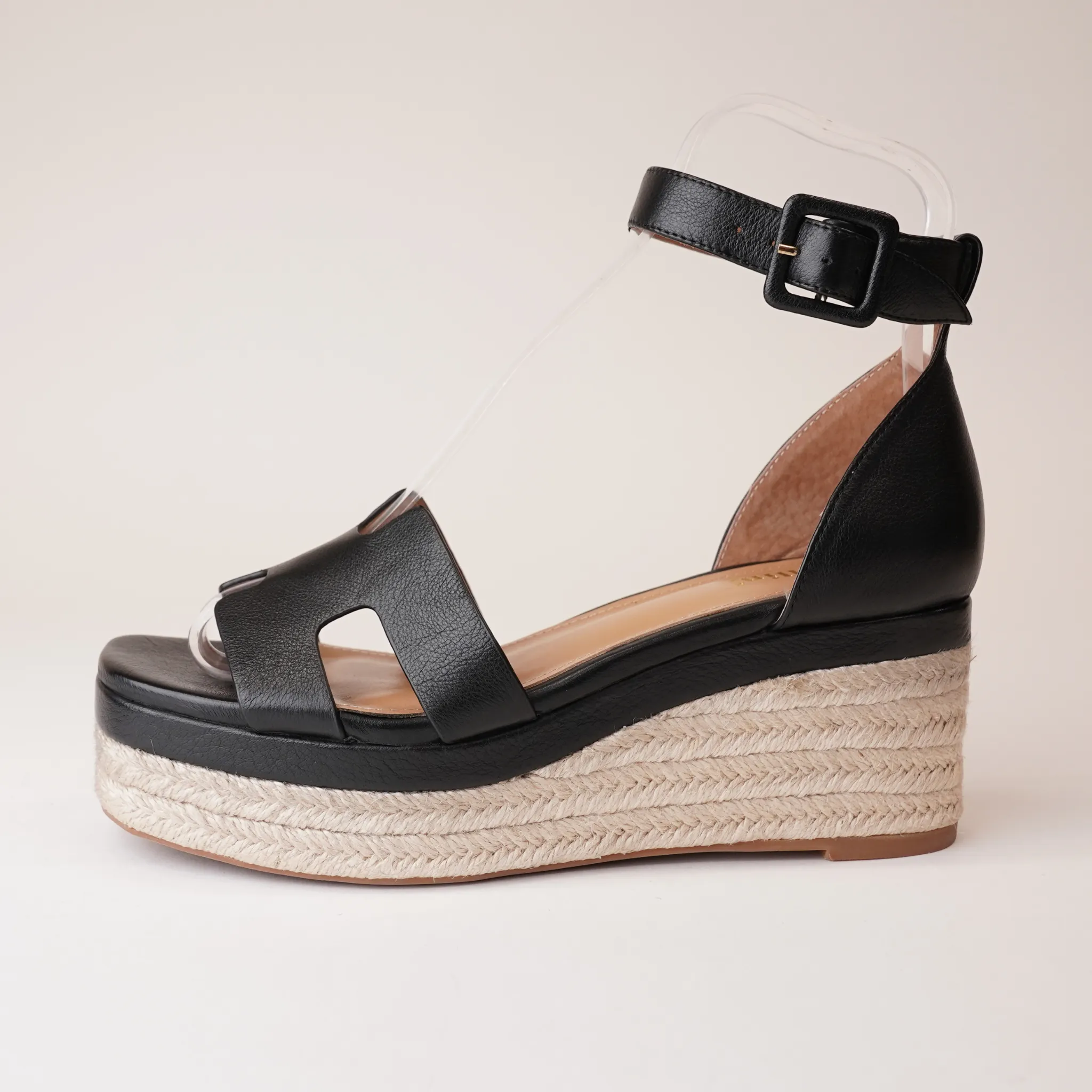 Geegie Black Leather Espadrille Wedges