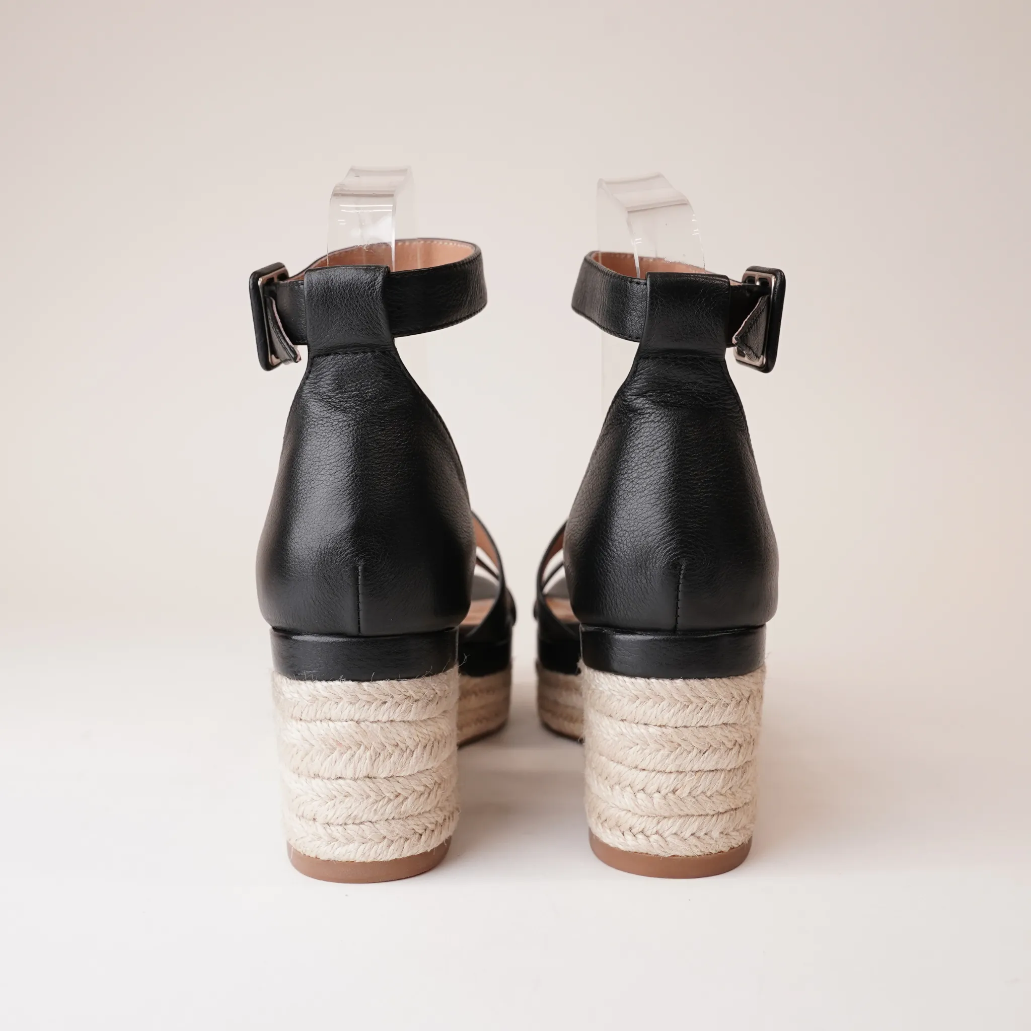 Geegie Black Leather Espadrille Wedges