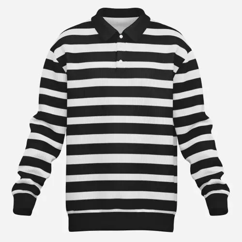 Men's Black and White Stripe Knit Polo Shirt | 90s Inspired Long Sleeve Polo Shirt