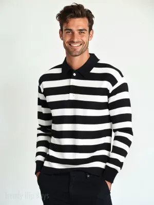 Men's Black and White Stripe Knit Polo Shirt | 90s Inspired Long Sleeve Polo Shirt