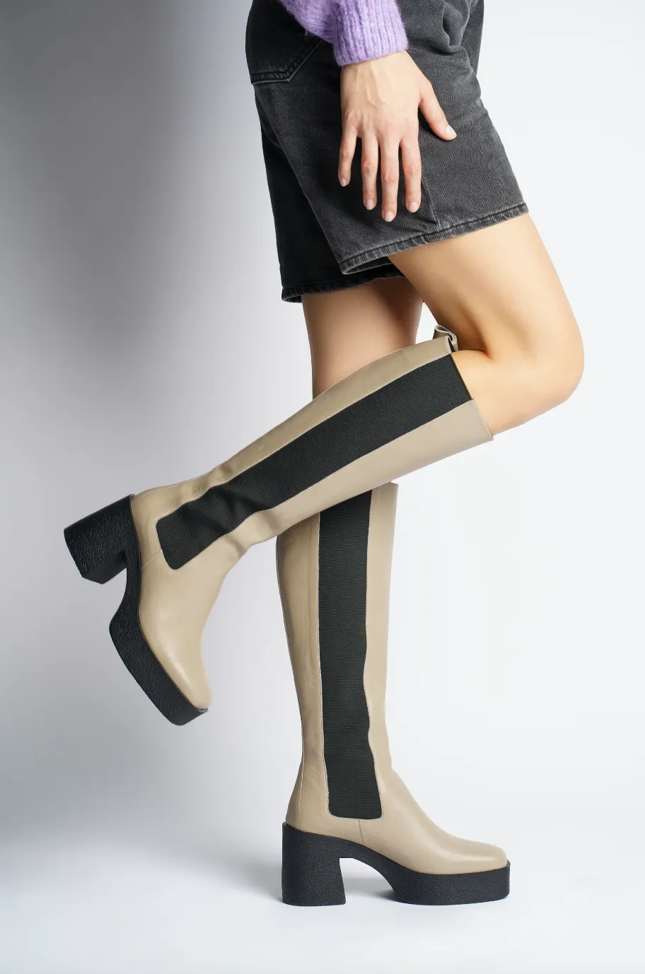 Momoko Taupe Knee-High Leather Chelsea Boots