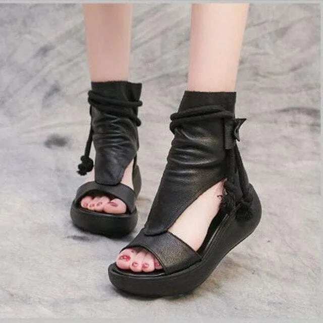 New Summer Cool Boots Platform Leather Wedges Women Sandals