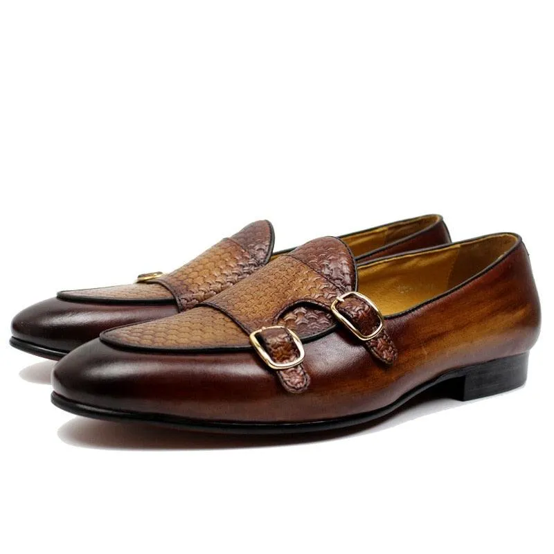 Plaid Monk Strap Leather Loafers - Men Shoes