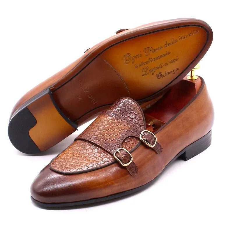 Plaid Monk Strap Leather Loafers - Men Shoes