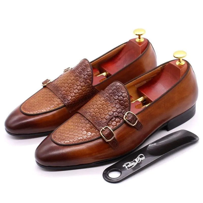 Plaid Monk Strap Leather Loafers - Men Shoes