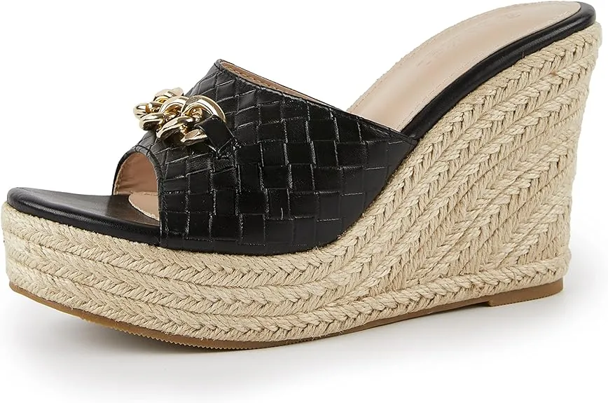 Platform Chain Black Open Toe Espadrille Wedge Sandals