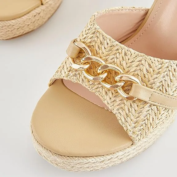 Platform Chain Black Open Toe Espadrille Wedge Sandals