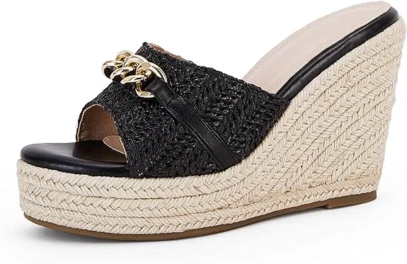 Platform Chain Black Open Toe Espadrille Wedge Sandals