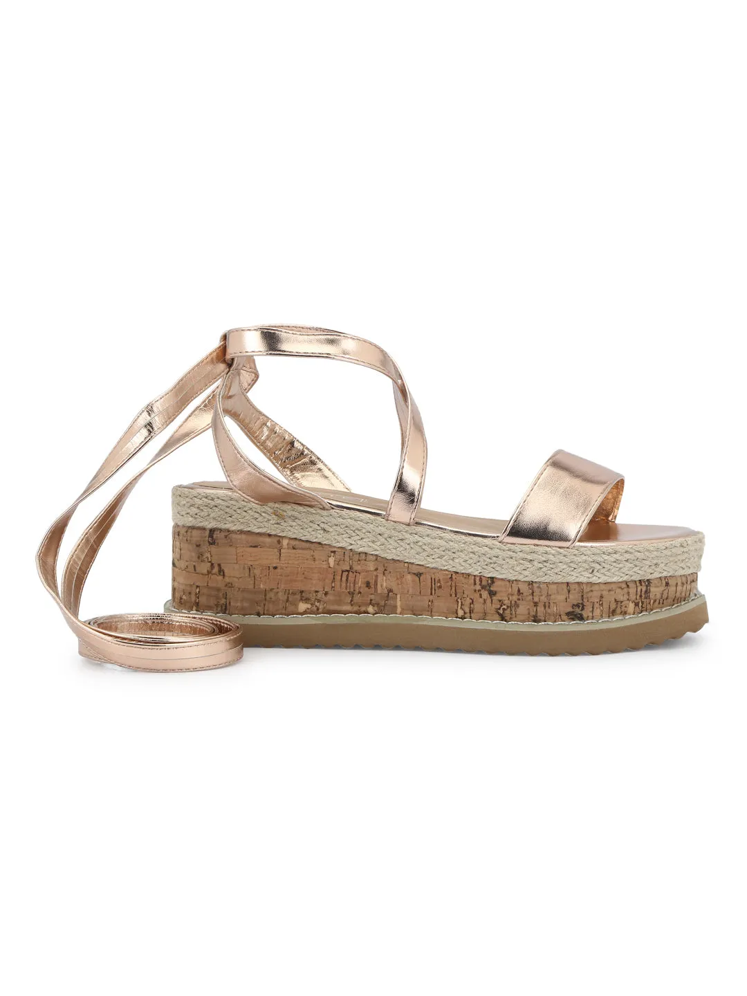 Rosegold Metallic Crossover Wraparound Jute Platform Wedges