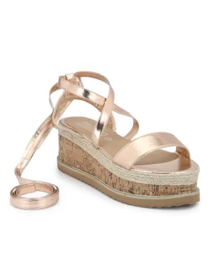 Rosegold Metallic Crossover Wraparound Jute Platform Wedges