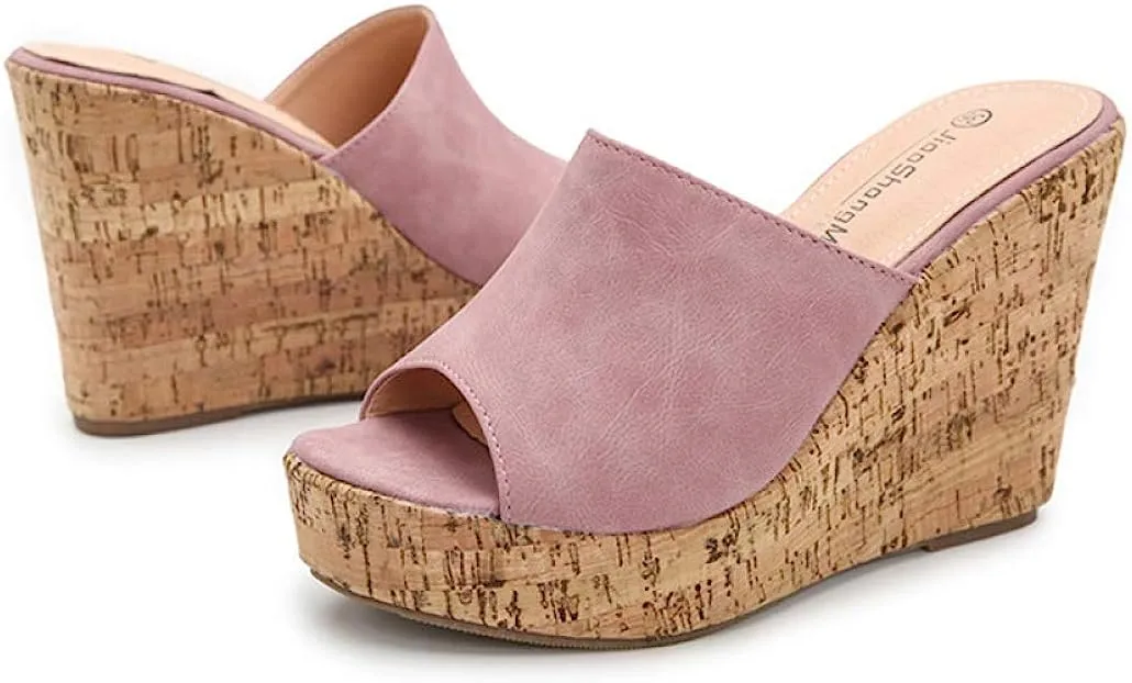 Soft Pink Cork Style Platform Wedge Sandals