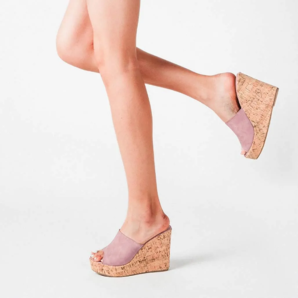 Soft Pink Cork Style Platform Wedge Sandals