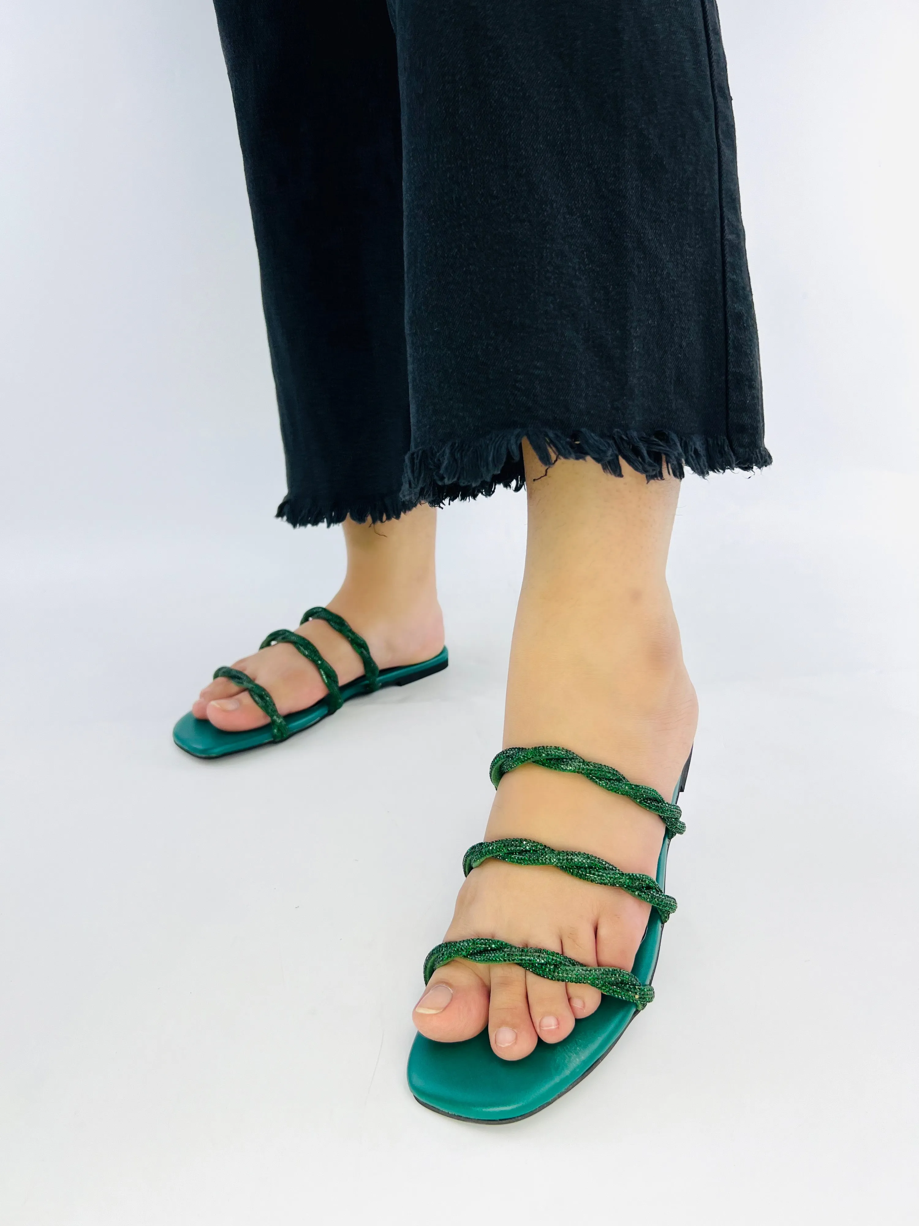 Spunkz 3-Striped Quilted Green Embellished Cross Straps Flats