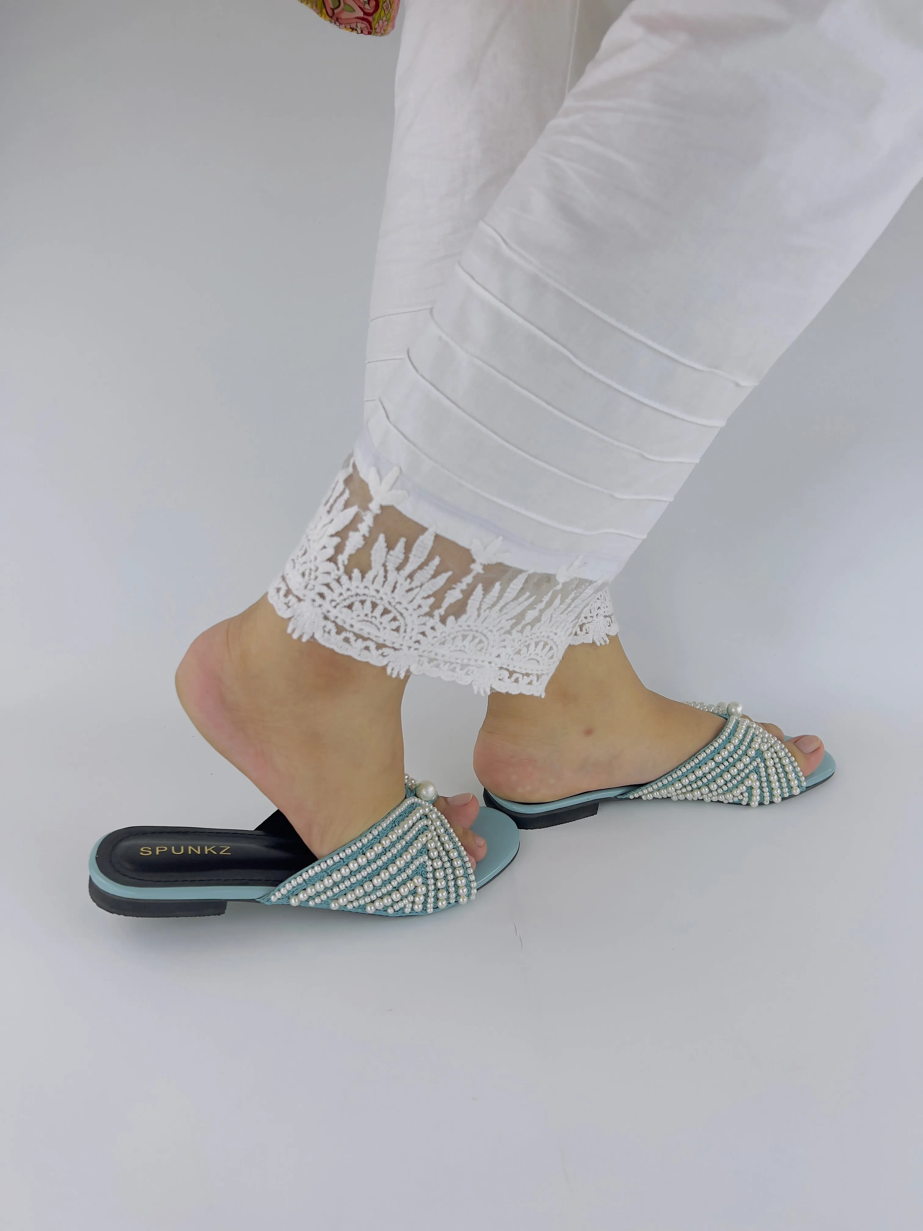 Spunkz Ferozi Open Toe Hand Embroidery Pearls Decor Flat Slides 0008-Blu