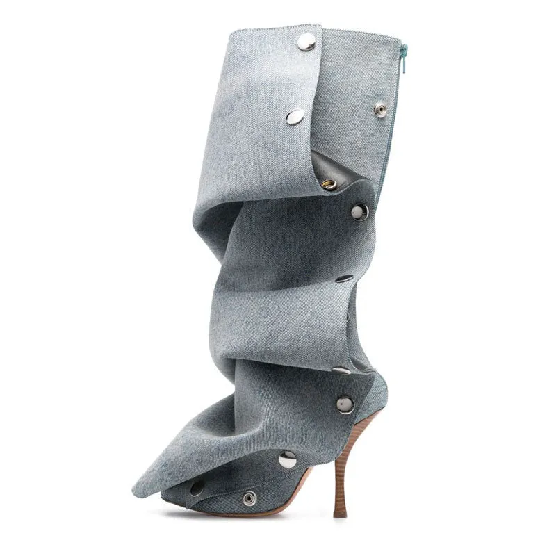 Stylish Riveted Denim High Heels Boots