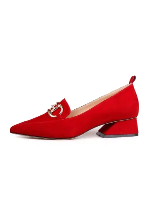 Suede Block Heel Loafers with Gold Chain Detail - Red