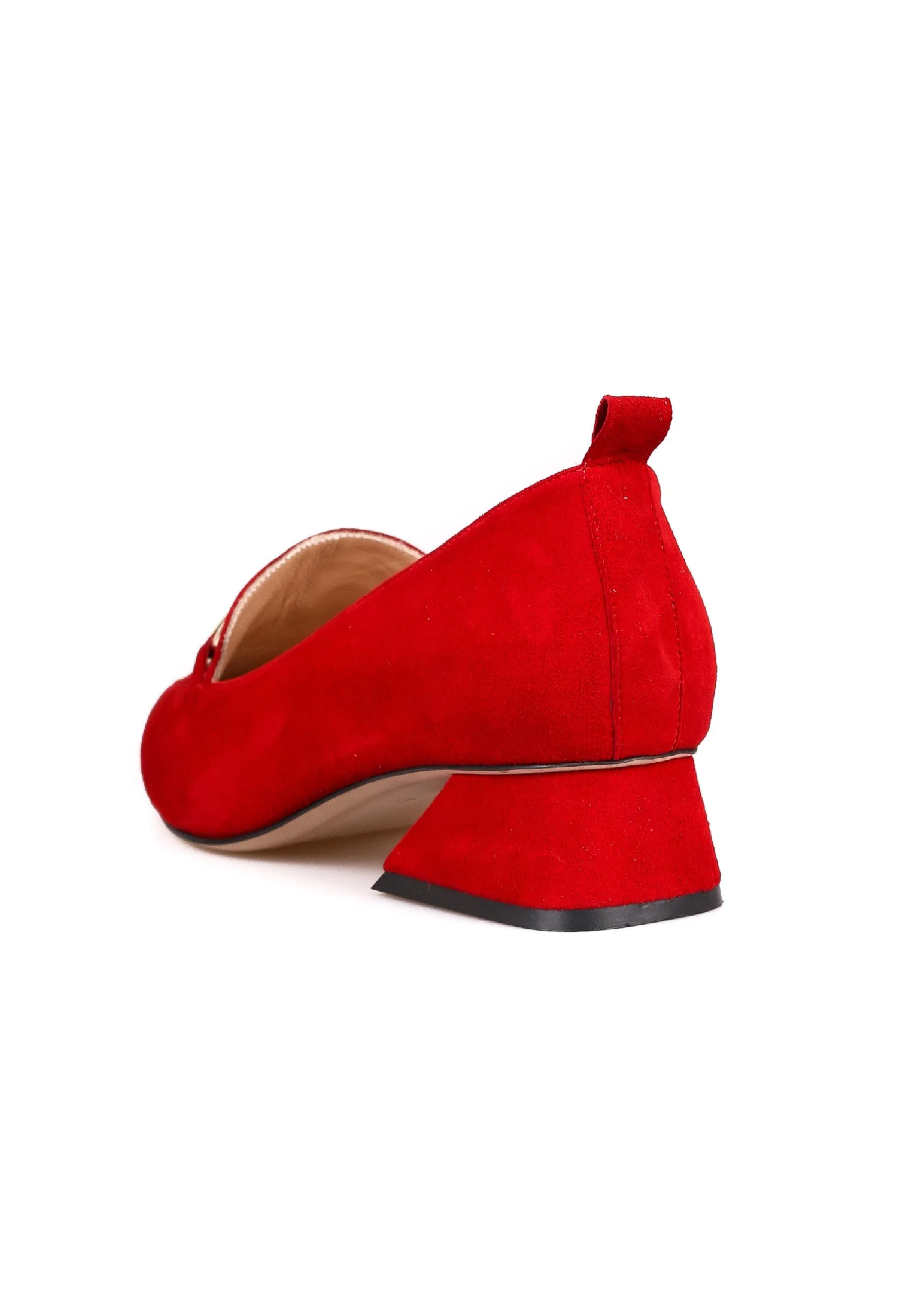 Suede Block Heel Loafers with Gold Chain Detail - Red