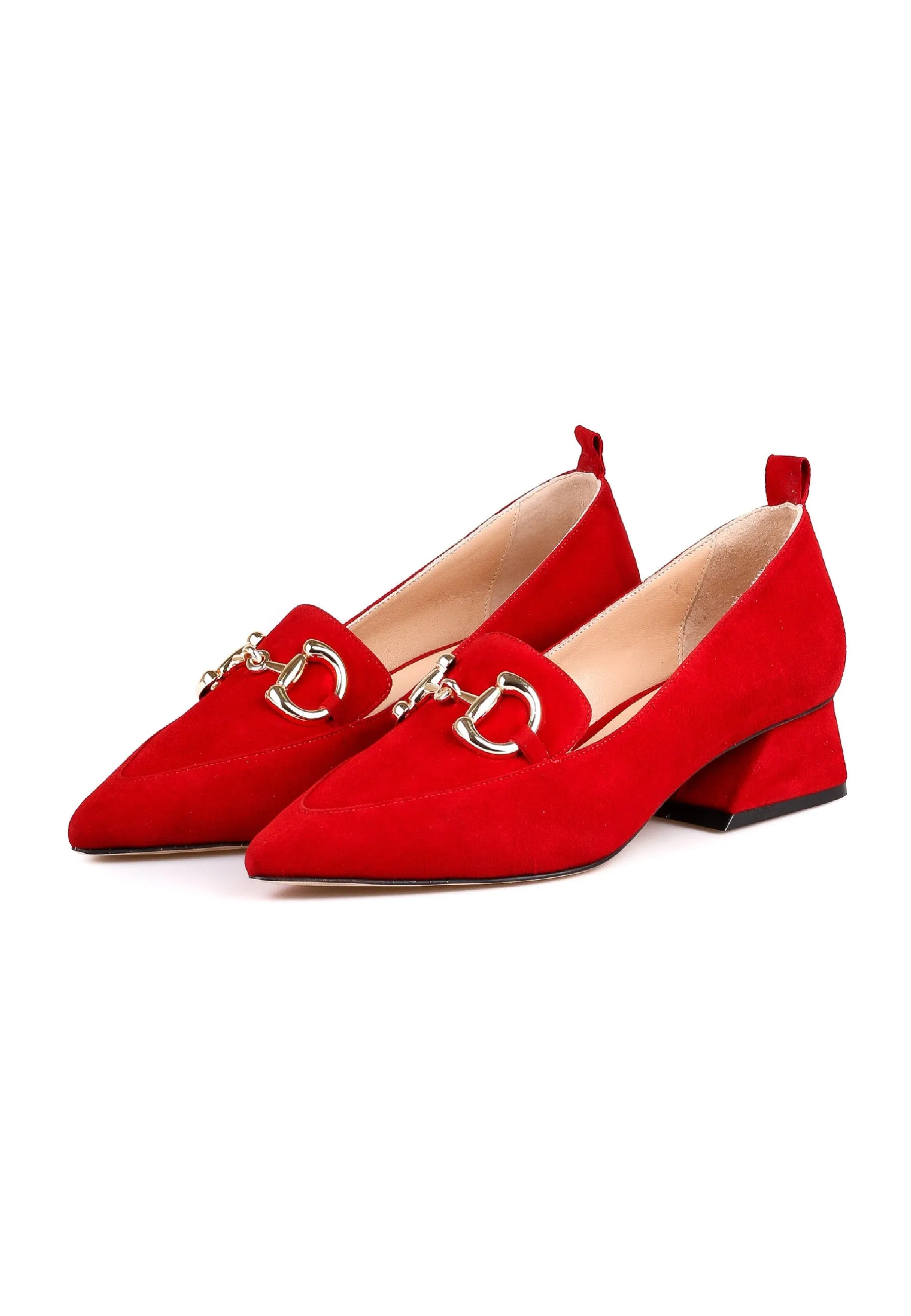 Suede Block Heel Loafers with Gold Chain Detail - Red