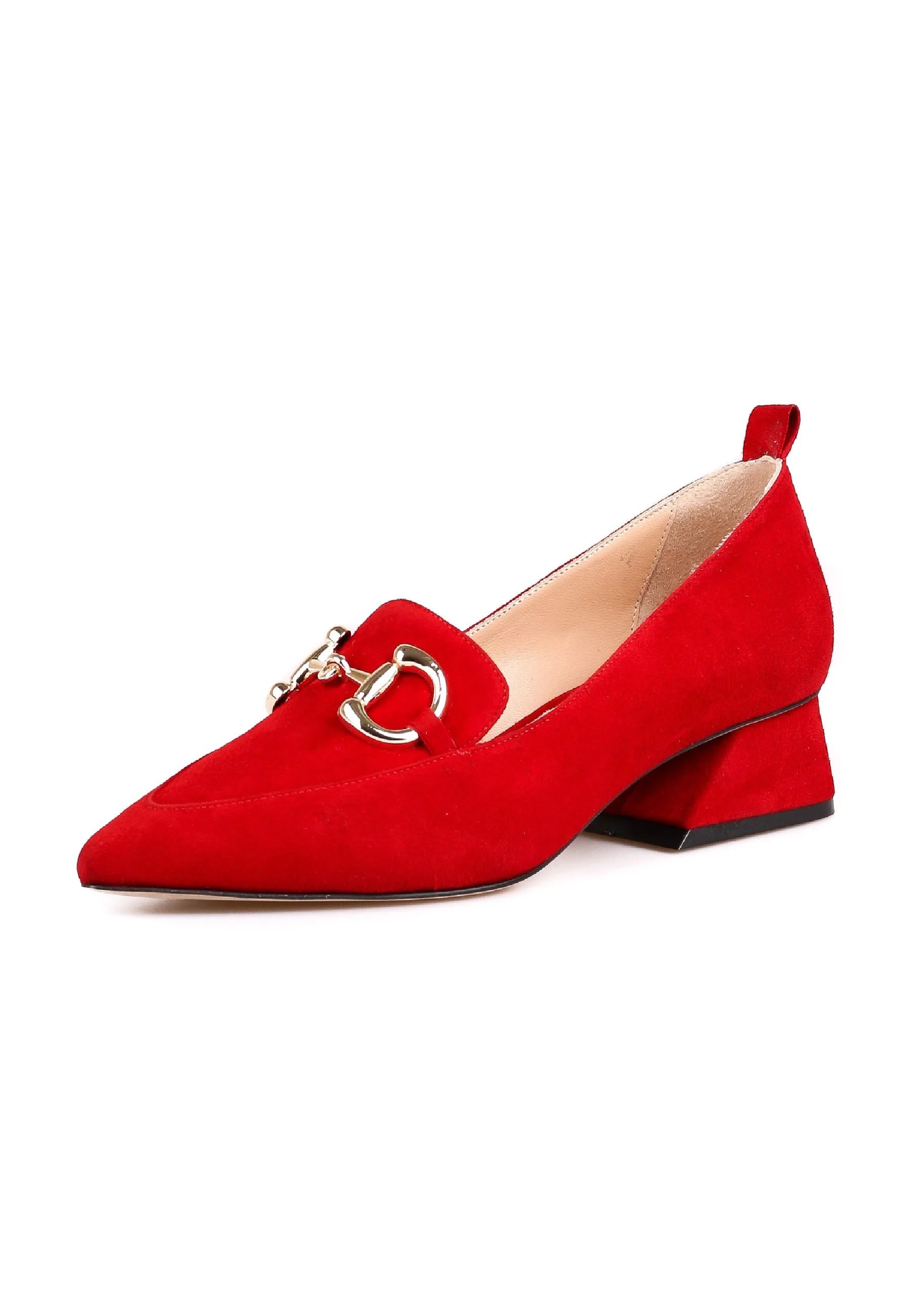 Suede Block Heel Loafers with Gold Chain Detail - Red