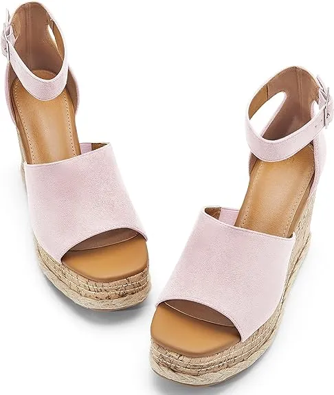 Summer Pink Ankle Strap Cork Sole Wedge Sandals