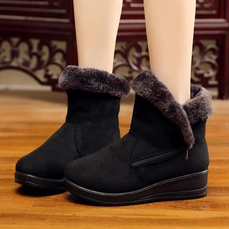 Women Chunky Heel Wedge Zipper Lining Faux Fur Keep Warm Winter Snow Boots