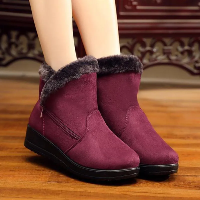 Women Chunky Heel Wedge Zipper Lining Faux Fur Keep Warm Winter Snow Boots