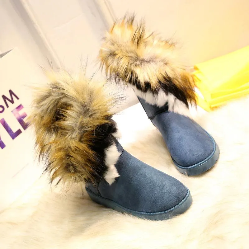 Women Round Toe Flat Heel Slip On Lining Faux Fur Keep Warm Winter Snow Boots