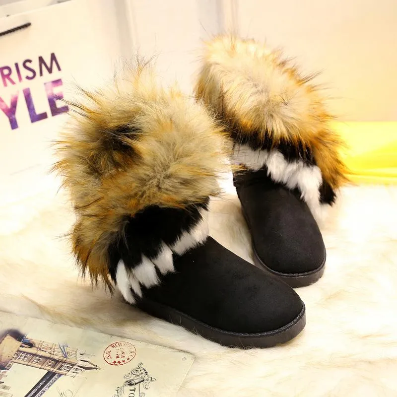 Women Round Toe Flat Heel Slip On Lining Faux Fur Keep Warm Winter Snow Boots