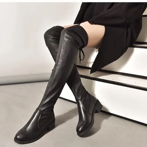 Women's elastic thigh high black boots plush lining knee high boots