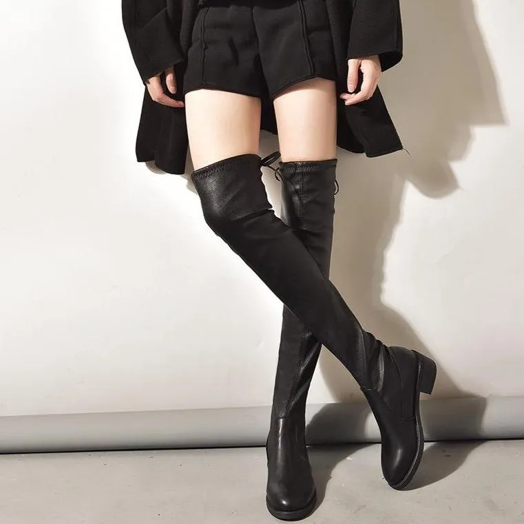 Women's elastic thigh high black boots plush lining knee high boots