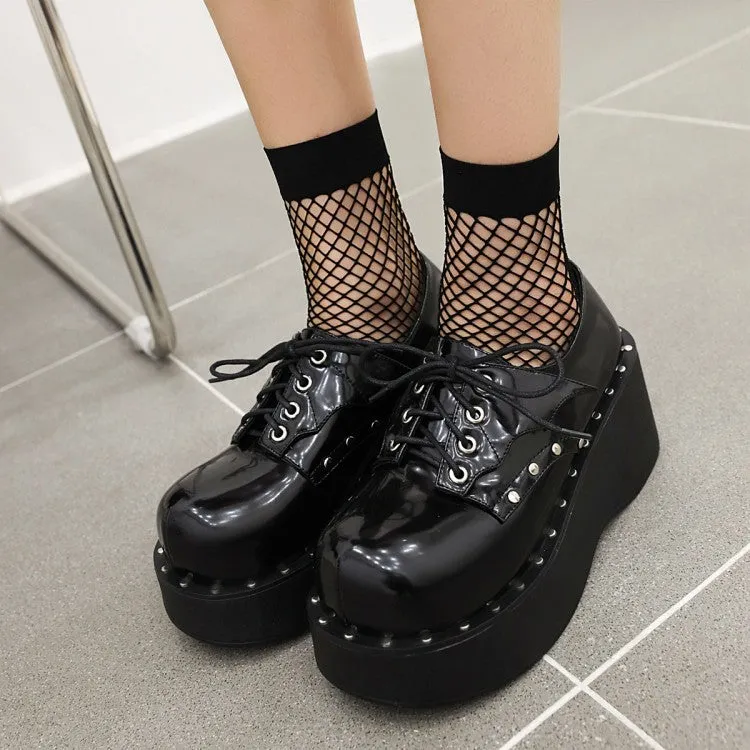 Women's Lace Up Rivets Platform Wedge Heels Shoes